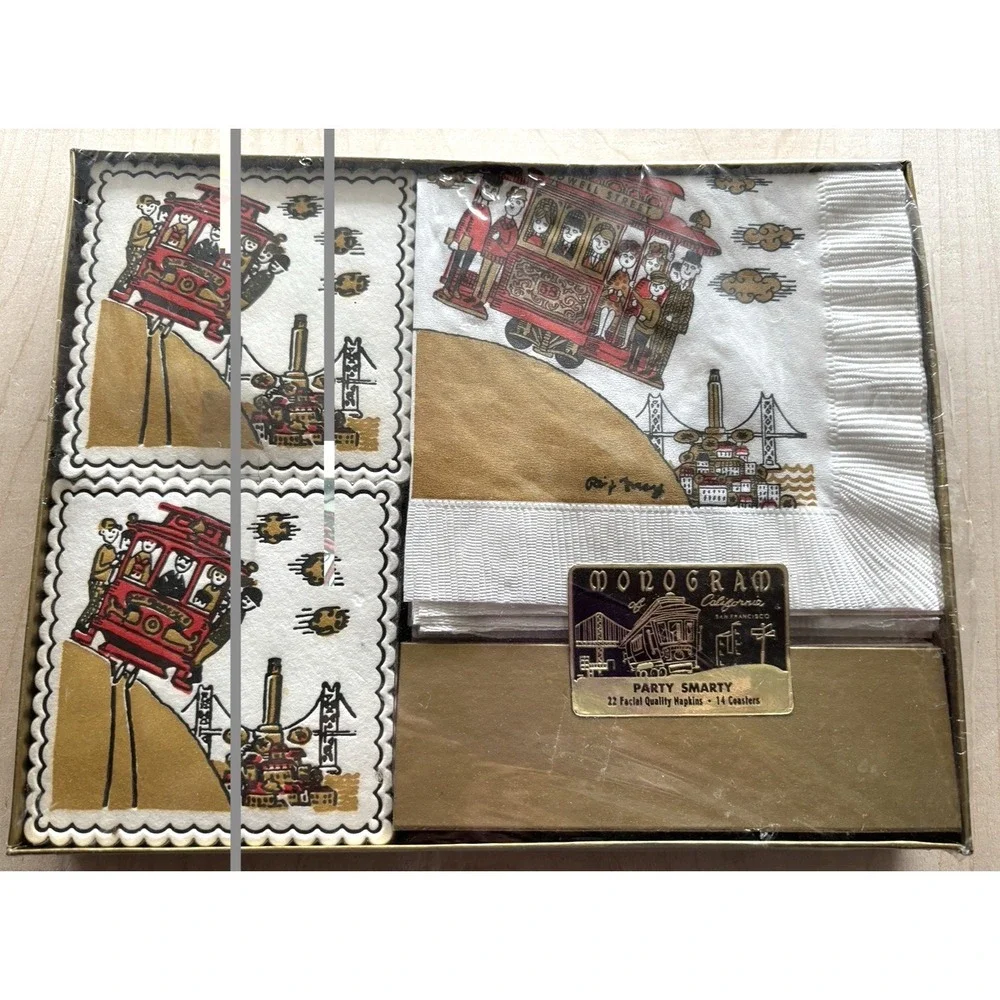 Vtg Monogram California Trolley Car Napkin Coaster Set NIP Paper Party Smarty